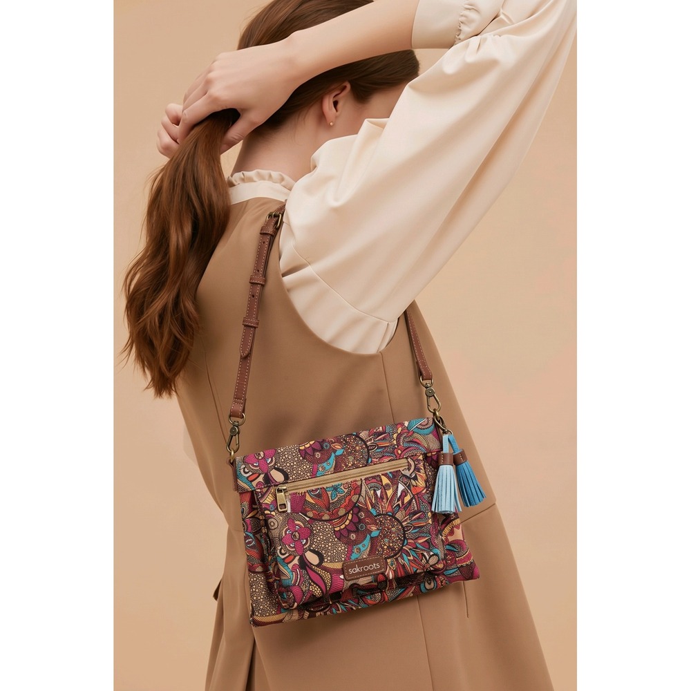 Sakroots Spirit Desert Floral Coated Canvas Crossbody Bag with Tassels Multi